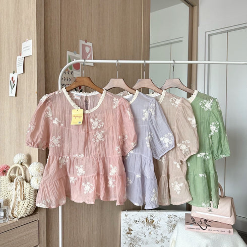 Spring Lacey Border Embroidered Puff Sleeves Tiered Tops
